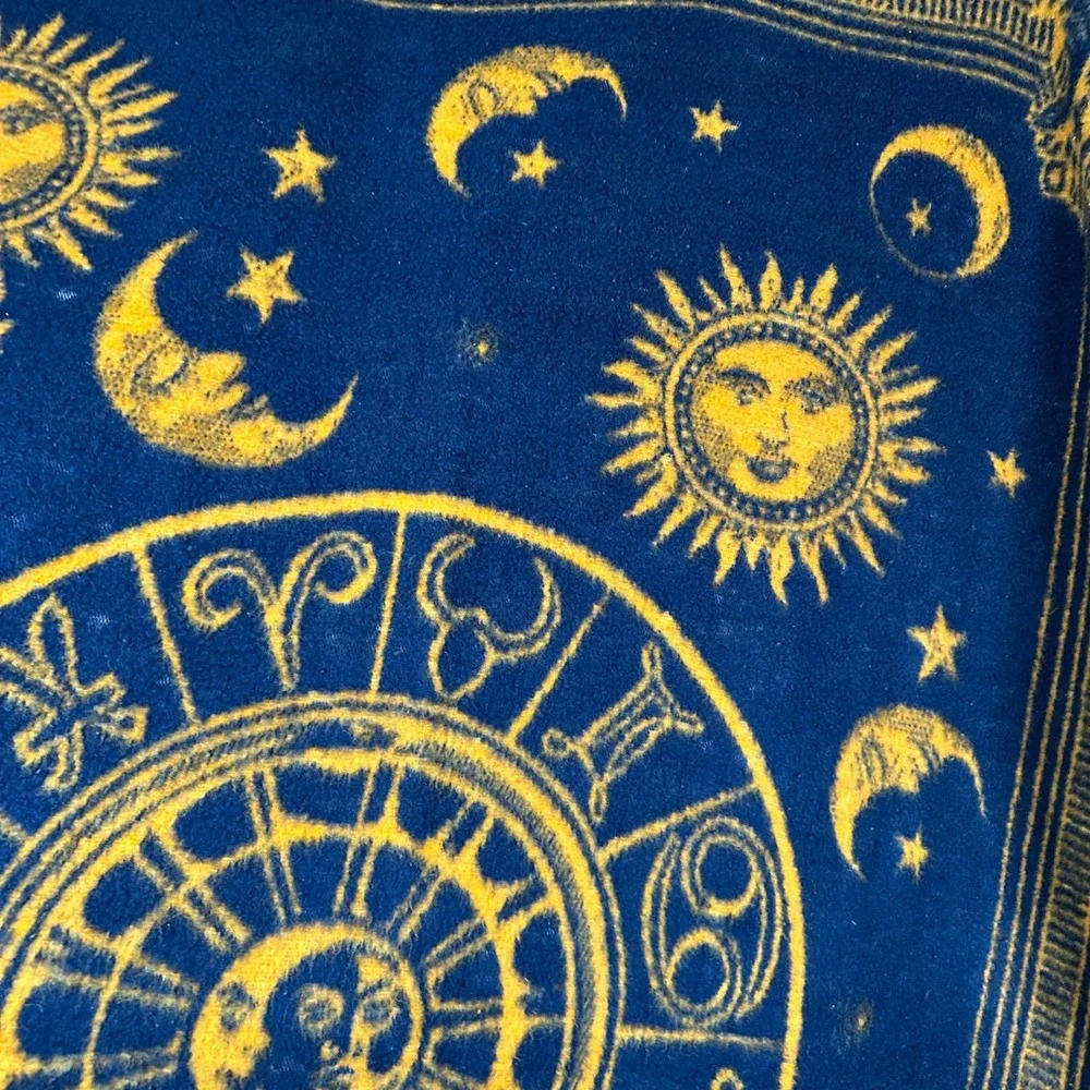 Vintage Biederlack Celestial Zodiac Sun Moon Stars Throw Blanket Blue Gold USA